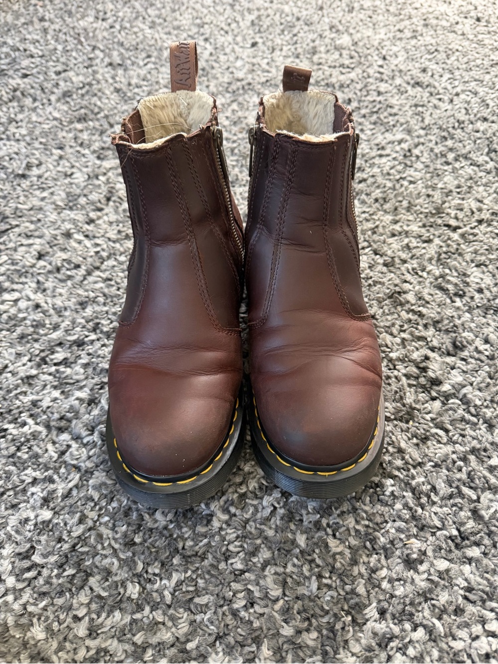 Dr. Martens Brown Leather Ankle Boots with Yellow Stitching